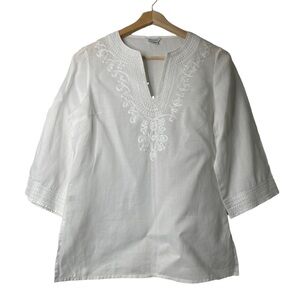Appraisal Women's White Embroidered Tunic Top 3/4 Sleeve V Neck Ramie Sz M